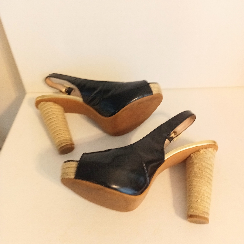 Michael Kors Espadrille Black patent leather peep toe platform heels siz…